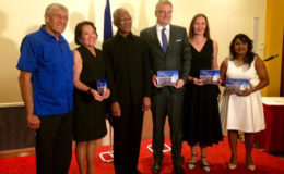 In photo from left are: President of the Guyana Heritage Society Ben ter Welle, First Lady Sandra Granger and President David Granger Ambassador Jernej Videtic of the EU, his wife Ruta Drizyte-Videtic and Chief Executive officer of the National Trust Nirvana Persaud at the ceremony.  (Photo by David Papannah)
