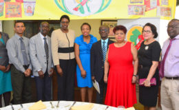First Lady, Sandra Granger, yesterday morning, said that she was pleased that the Guyana Business Coalition on Health Awareness (GBCHA) has expanded its mandate to include issues such as mental health in keeping with its overall aim to foster positive lifestyle choices, a release from the Ministry of the Presidency said. The First Lady was invited to the GBCHA Breakfast Meeting, which was held under the theme “Our Health, Our Business” in the Ballet Room at Cara Lodge.
First Lady, Sandra Granger (second from right), Minister of Social Protection,  Amna Ally, (third from right) and other members of the Guyana Business Coalition on Health Awareness’s (GBCHA) Breakfast Meeting at the close of the meeting. Dr. William Adu-Krow, Country Representative, PAHO/WHO is also pictured fourth from right. (Ministry of the Presidency photo)
