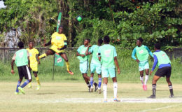 Flashback-Jeremy Garrett of Chase Academy rising to direct his header on goal against Pure Masters in the quarterfinal round of the Milo U18 Secondary Schools Football Championships.