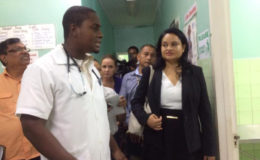 Head of the Accident and Emergency Unit at the Diamond Diagnostic Centre Dr. C. Britton leading the delegation, headed by Dr. Vindhya Persaud (at right), through the unit.