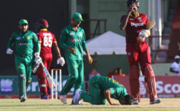 Victory kiss? Medium-Pacer Hasan Ali kisses the pitch after dismissing Jason Holder while also achieving his career best bowing figures of 5 for 38 to inspire Pakistan to draw level. (Orlando Charles photo)