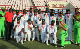 Champions!! The victorious Guyana side after completing the triple by winning the 2016/17 Digicel, WICB, Professional Cricket League Championship (Photo by Royston Alkins)