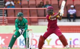 Jason Mohammed cuts during his half-century against Pakistan in Tuesday’s third and final ODI in Georgetown. (Photo courtesy WICB Media) 