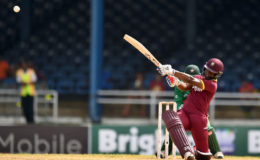 Evin Lewis smashes one of his nine sixes during his pugnacious 91 in a West Indies victory over Pakistan in the third Twenty20 International yesterday at Queen’s Park Oval in Trinidad. (Photo: WICB Media/Randy Brooks of Brooks Latouche Photography) four-T20I-match between West Indies and Pakistan at the Queens Park Oval in Port of Spain, Trinidad, on April 1, 2017.  / AFP PHOTO / Jewel SAMAD        (Photo credit should read JEWEL SAMAD/AFP/Getty Images)