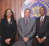 Marcia Ayers-Caesar (left), President Anthony Carmona (centre) and Chief Justice Ivor Archie after Caesar was sworn in as a judge earlier this month at the Office of The President in St Ann's.