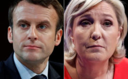 A combination picture shows portraits of the candidates who will run in the second round in the 2017 French presidential election, Emmanuel Macron (L), head of the political movement En Marche !, or Onwards !, and Marine Le Pen, French National Front (FN) political party leader. Pictures taken March 11, 2017 (R) and February 21, 2017 (L). REUTERS/Christian Hartmann 