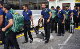 The Pakistan team prepares to depart the Cheddi Jagan International Airport on their way to the city. (Orlando Charles photo)
