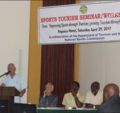 Sports Consultant, Joseph ‘Reds’ Perreira speaking yesterday during the Sports Tourism Seminar/Workshop at the Savannah Suite at Pegasus.