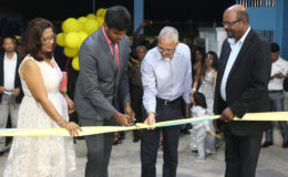 Minister of Business Dominic Gaskin (second from right), Managing Director of KSM Investments, Mahadeo Panchu (far right), his wife Shanti and son Arvind open the new cement products factory at Good Hope. (Photo by Keno George)