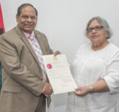 Prime Minister Moses Nagamootoo, who was performing the duties of the President, on Friday swore in the opposition People’s Progressive Party’s Bibi Shadick to the Guyana National Broadcasting Authority (GNBA) board.
The GNBA’s new board of directors was appointed effective from February 1, 2017 and will serve for two years ending January 2019.  Shadick is a former Chair of the GNBA. (Office of the Prime Minister photo)