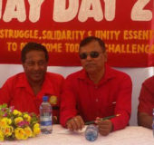 From left: Member of Parliament Adrian Anamayah, Guyana Agricultural and General Workers Union General Secretary Seepaul Narine, Member of Parliament Vishwa Mahadeo and Region Six Chairman David Armogan at yesterday’s May day rally (Photo by Bebi Oosman)