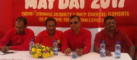 From left: Member of Parliament Adrian Anamayah, Guyana Agricultural and General Workers Union General Secretary Seepaul Narine, Member of Parliament Vishwa Mahadeo and Region Six Chairman David Armogan at yesterday’s May day rally (Photo by Bebi Oosman)