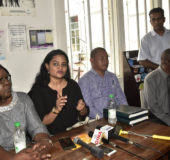 PPP/C Member of Parliament Dr Vindhya Persaud (second, left) speaking at a press conference at the end of the GPHC visit. Seated from left are Minister within the Ministry of Public Health Dr Karen Cummings, PPP/C Member of Parliament Allister Charlie and GPHC CEO Allan Johnson