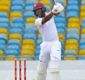 Right-hander Shai Hope drives through the off-side during his top score of 90 against Pakistan on the fourth day of the second Test yesterday. (Photo courtesy WICB Media) 