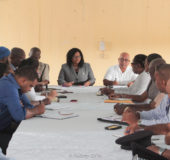 Public Health Minister Volda Lawrence (centre) meeting with staff of the hospital yesterday.