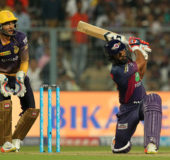 Rahul Tripathi of Rising Pune Supergiant hits a six during match 41 of the Vivo 2017 Indian Premier League between the Kolkata Knight Riders and the Rising Pune Supergiant held at the Eden Gardens Stadium in Kolkata, India yesterday.