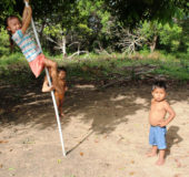 Anessa Salty, Norbert Salty’s daughter, climbs a pipe braced against a tree for fun. Joshua (left) a neighbour and her brother Gabriel Salty look on.