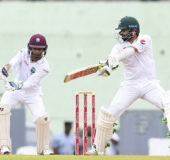 Pakistan opener Azhar Ali cuts during his unbeaten 85 on the opening day of the third Test against West Indies at Windsor Park yesterday. (Photo courtesy WICB Media) 