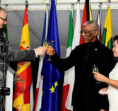 EU Ambassador Jernej Videtic (left) in a toast with President David Granger and First Lady Sandra Granger. (Ministry of the Presidency photo)