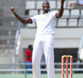 Captain and fast bowler Jason Holder celebrates one of his three wickets on day two of the third Test against Pakistan at Windsor Park. (Photo courtesy WICB Media)