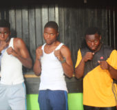 The Three Barbadian boxers Tevin Brewster 64kg, Dario Cheeseman 75kg and Donte Powlett (85kg) pose for a photo at the Plaza Hotel yesterday