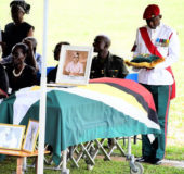 The casket bearing the remains of the late Norman Hazelwood Amin Chapman called ‘Yacoob’ and ‘Chappy’ (Ministry of the Presidency photo)
