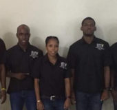 Team Guyana moments before their departure from the Cheddi Jagan International Airport Friday morning! From left; Christopher Franklin, Nigel Bryan, Natalie Cummings, Joel Alleyne and Coach Ldi Lewis.(Royston Alkins photo)