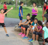 A few of Guyana’s junior squash players as they prepare to run a few laps around the National Park, a day after the conclusion of the Woodpecker products Junior National Championships. The players are preparing for the upcoming junior Caribbean championships to be held here. (Royston Alkins photo)