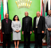 President David Granger (third from right) , Prime Minister Moses Nagamootoo (left) and Minister of State, Joseph Harmon (right)  with  the newly appointed members of the Public Service Appellate Tribunal (from left)  Winston Browne,  Abiola Wong-Inniss and  Nandram Kissoon, Chairman of the Tribunal  (Ministry of the Presidency photo)