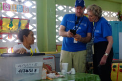 Carter Center observers during a polling station visit in Guyana on May 11, 2015. Its deployment here marked the Center’s 100th observation mission. (Carter Center photo)