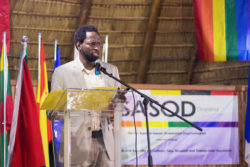 SASOD Director Joel Simpson speaking at a reception at the Umana Yana hosted jointly by the Delegation of the European Union and SASOD to observe International Day Against Homophobia, Biphobia and Transphobia (IDAHOT) on Monday. (SASOD/ Neketa Forde photo) 