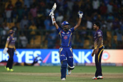 Krunal Pandya of the Mumbai Indians celebrates as Mumbai Indians beat Kolkata Knight Riders to reach the final during the 2nd qualifier match of the Vivo 2017 Indian Premier League between the Mumbai Indians and the Kolkata Knight Riders held at the M.Chinnaswamy Stadium in Bangalore, India yesterday. Photo courtesy IPL website.