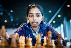 Vaishali Rameshbabu, the elder sister of Praggnanandhaa, who is also a national chess player of India. Pragga learnt to play chess by watching his sister play the game. At the 2017 Reykjavik Open she defeated celebrated grandmaster Eugenio Torre. (Photo by Sagar Shah/Chessbase)