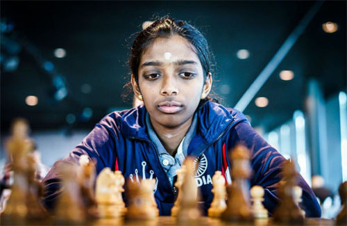 Vaishali Rameshbabu, the elder sister of Praggnanandhaa, who is also a national chess player of India. Pragga learnt to play chess by watching his sister play the game. At the 2017 Reykjavik Open she defeated celebrated grandmaster Eugenio Torre. (Photo by Sagar Shah/Chessbase)