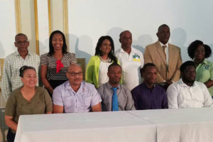 Municipalities association resuscitated: Following the Municipal Conference that was held last week, the Guyana Association of Municipalities was resuscitated with the election of a new executive after a five-year hiatus. Linden Mayor Carwyn Holland (seated at centre) was elected President, with (seated from left) Georgetown Mayor Patricia Chase-Green as Treasurer, Mayor of New Amsterdam Kirt Winter as Secretary, Mayor of Bartica Gifford Marshall as Vice-President and New Amsterdam Town Council member Kirk Fraser as Assistant Secretary/ Treasurer. Also elected were committee members (standing from left) Durul Persaud, of Anna Regina; Carolyn Murray Caesar, of Georgetown; Deputy Mayor of Bartica Kamal Persaud; Mayor of Rose Hall Vijay Kumar Ramoo; Mayor of Lethem Carlton Beckles; and Deputy Mayor of Linden Waneka Arrindell. 