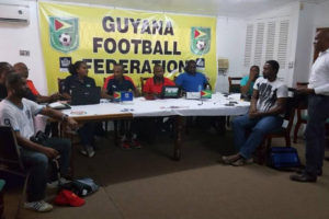 Stanley Lancaster makes a point during the Referees Development Officers Training Programme May 20 at the Guyana Football Federation boardroom.