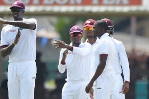 West Indies captain Jason Holder (left) and teammate Jermaine Blackwood signal to the umpire for a review during a recent match. 