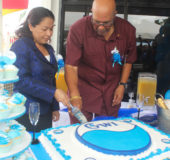 Junior Communities Minister with responsibility for water Dawn Hastings-Williams and Managing Director of GWI Dr. Richard Van West-Charles cut the anniversary cake at the company’s 15th anniversary celebration on Thursday. (GWI photo)