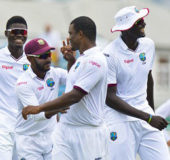 From left: Alzarri Joseph, Devendra Bishoo, Shannon Gabriel and Jason Holder celebrate victory in the second Test in Barbados. (WICB Media) 