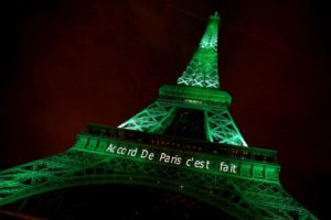 FILE PHOTO: The Eiffel tower is illuminated in green with the words “Paris Agreement is Done”, to celebrate the Paris U.N. COP21 Climate Change agreement in Paris, France, November 4, 2016. REUTERS/Jacky Naegelen/File Photo