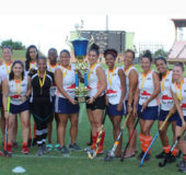 The Victorious Pizza Hut GCC side at the Guyana National Stadium Providence, yesterday after taking the 2017 Woodpecker Products Women’s Field-Hockey outdoor title. (Royston Alkins photo)