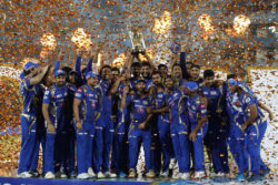 The Mumbai Indians celebrate after beating Rising Pune Supergiant to become Vivo IPL Champions in the final of the Vivo 2017 Indian Premier League at the Rajiv Gandhi International Cricket Stadium in Hyderabad, India yesterday. (Photo by Shaun Roy - Sportzpics – IPL)