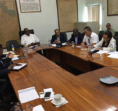 The Private Sector Commission on Thursday met with Minister of Finance, Winston Jordan (at head of table), Guyana Revenue Authority Head, Godfrey Statia and  Bank of Guyana Governor, Gobind Ganga to discuss myriad issues that ranged from the sliding Guyana currency to the Value Added Tax on imports and other items.
Sources told Stabroek News that while the meeting started off in a tense atmosphere it ended on “great grounds”.
This newspaper understands that government committed to reviewing VAT on tourism-related services.
The two sides have agreed to meet again soon and to issue a joint press statement on the nature of the meetings.

