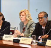 From left – A panel from the Bankers Association of Trinidad and Tobago (BATT) listens during a hearing before a Joint Select Committee (JSC) of Parliament Friday, where issues including bank service fees were addressed. From left are Karen Darbasie, CEO of First Citizens’ Bank and BATT Treasurer, BATT president, Anya Schnoor and vice president, Nigel Baptiste.
