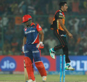 Mohammed Siraj of the Sunrisers Hyderabad celebrates the wicket of Rishabh Pant of the Delhi Daredevils during match 40 of the Vivo 2017 Indian Premier League between the Delhi Daredevils and the Sunrisers Hyderabad at the Feroz Shah Kotla Stadium in Delhi, India yesterday.