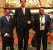 GABF President Nigel Hinds (right) and General Secretary Patrick Haynes (left) posing with NBA Legend Yao Ming during the FIBA Mid-Term Congress in Hong Kong which ended Friday.