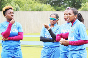 All-rounder Shanel Daley (left) chats with teammates during the start of the West Indies Women’s camp at the Ageas Bowl. (Photo courtesy CWI Media)
