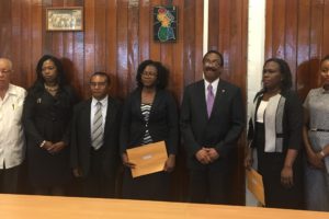 From left to right: Private Sector Commission representative Major General (rtd) Norman McLean, Deputy Deeds Registrar Zanna Frank, representative of the Guyana Association of Legal Professionals Kumar Dorasami, Aretha Henry of the Ministry of Communities, Attorney General Basil Williams, Chairman of the Board Christine McGowan and Registrar of Commercial Registry (ag) Nicole Prince. 