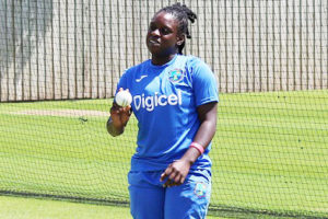 Right-armer Akeira Peters gets ready to send down a delivery during the ongoing West Indies Women’s training camp at the Ageas Bowl. (Photo courtesy CWI Media) 