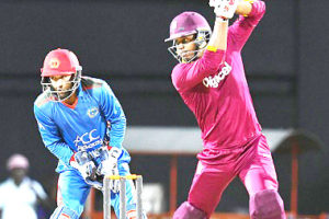 ON THE GO: Marlon Samuels gathers more runs through the off-side against Afghanistan. (Photo courtesy CWI Media) 